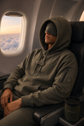 Person wearing a gekko recovery hoodie with built in sleeping mask on an airplane with a view of clouds outside the window.